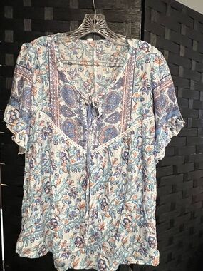 SHEIN Blue Floral Tie-Front Boho Blouse